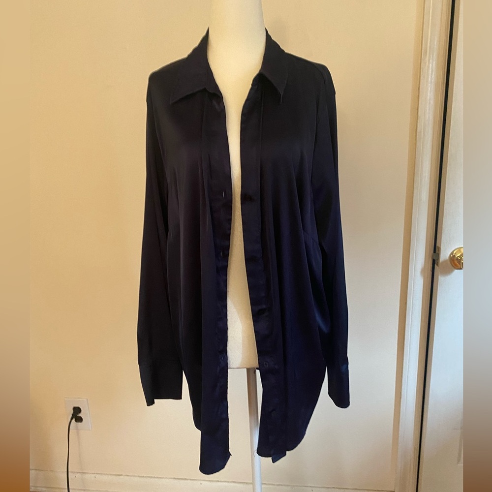 Elegant Navy satin Women's button down boyfriend shirt